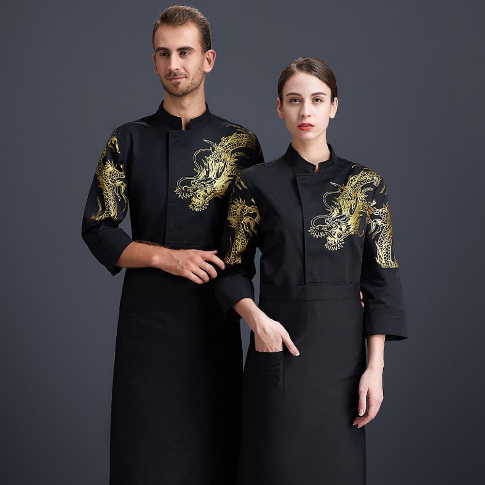 Chinese Style Chef Coat with Gold Dragon Print, Embroidered Dragon Kitchen Work Uniform for Restaurant, Unisex Cooking for Men Women
