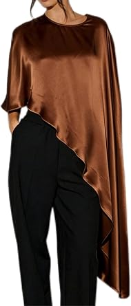 Women Asymmetrical Hem Poncho Shawl Wraps Satin Silky Round Neck Dressy Cape Top Flowy Loose Fit Cover Up Blouse