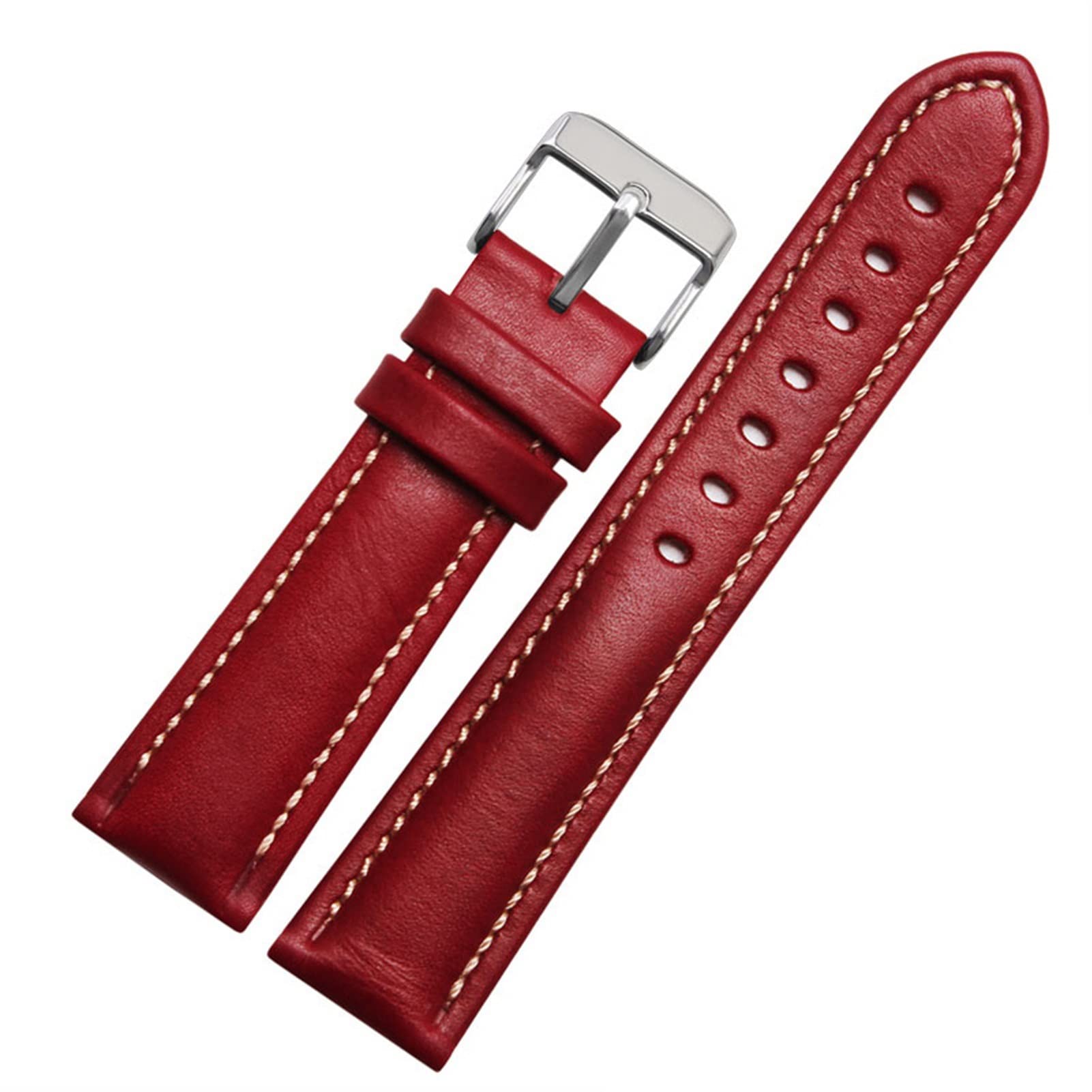 CZKE Bracelet de montre classique à tissage uni pour usage général 18 mm, 20 mm, 21 mm, 22 mm, bracelet en cuir véritable (couleur : rouge-argent, taille : 20 mm)