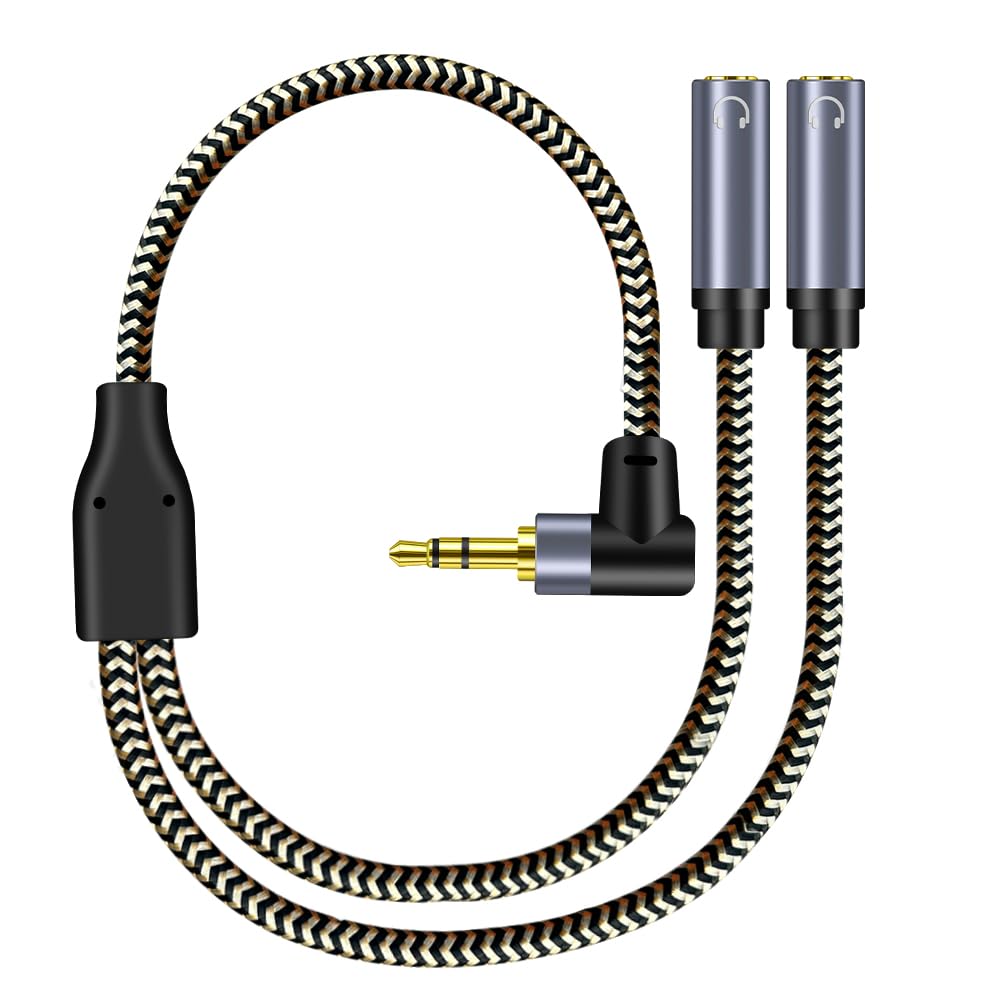 Hanprmeee Headphone Splitter,right angle 3.5mm Male TRS to 2 Dual 3.5mm Female Adapter Nylon-Braided Stereo Y Aux Cable Splitter for Phone Speakers - Image 2
