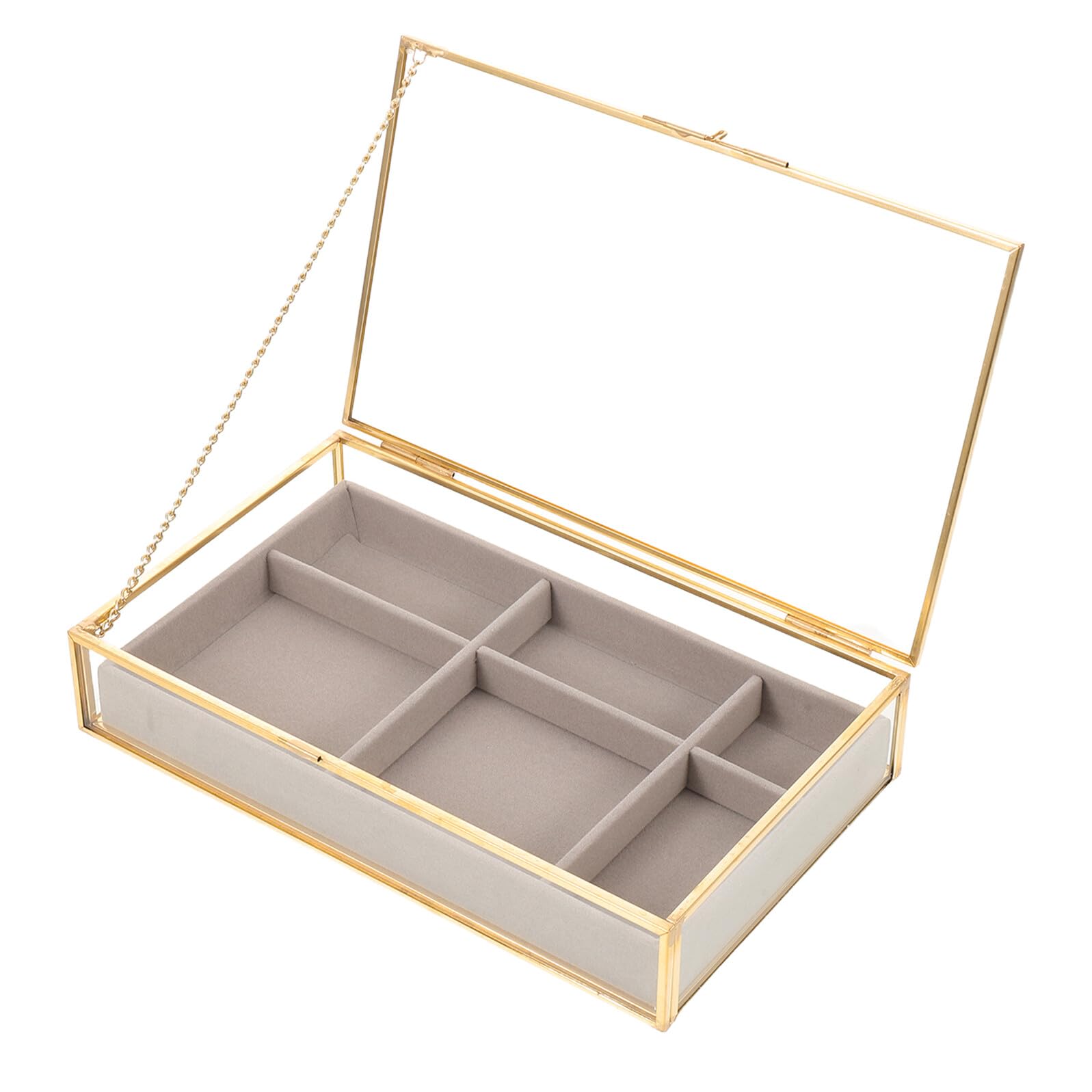 Organizer per Gioielli in Vetro Trasparente con 6 Scomparti, Scatola Porta Gioielli in Velluto e Rame, Salvaspazio e Facile da Pulire per Casa e Viaggio