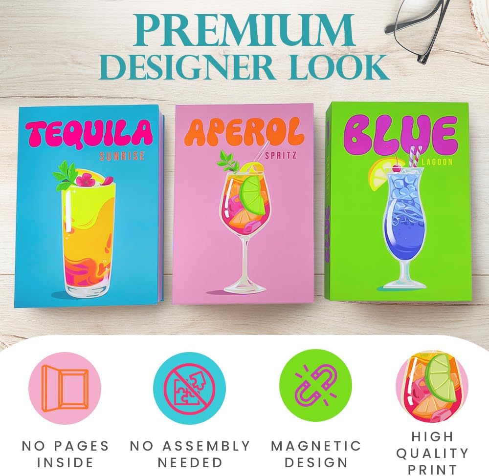 Large Decorative Books for neutral home decor aesthetic– Aesthetic Coffee Table Books for Decor – Faux Book for Decoration Photo Storage and fake book storage as a Keepsake Box – Drinks Set of 3