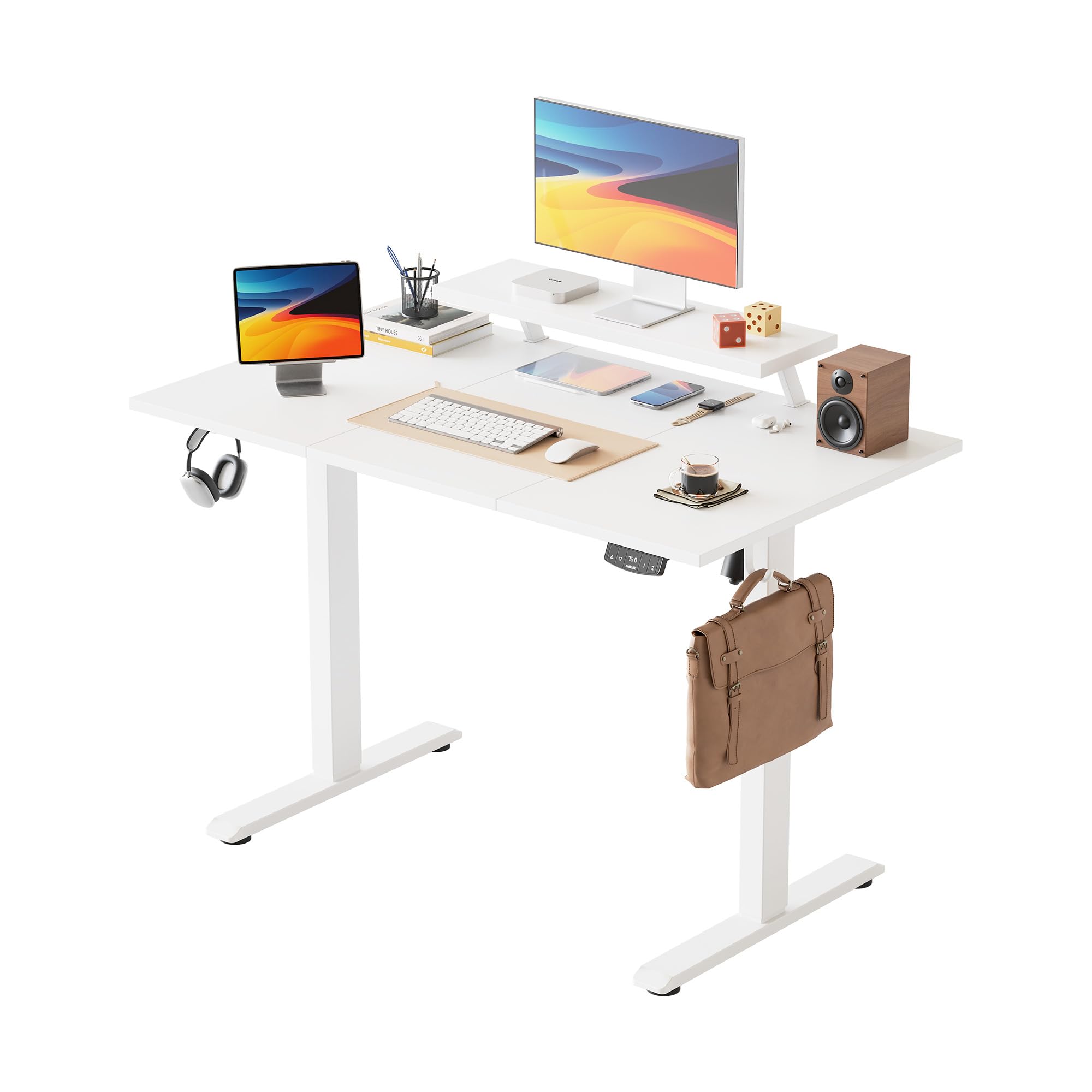 Agilestic Höhenverstellbarer Schreibtisch 120 x 60 cm, Schreibtisch mit Beweglichem Monitorständer, für Homeoffice, Büro, Weiß