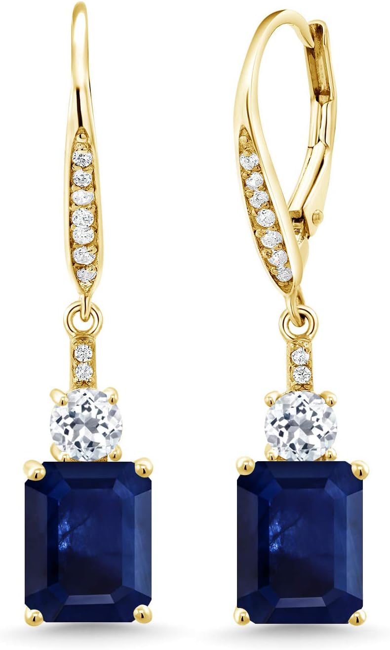 Gem Stone King 4-6 Cttw Dangle Earrings for Women | Gemstone Birthstone and White Topaz | 18K Yellow Gold Plated Silver | Emerald Cut 9X7MM | Elegant Drop Design | Gift for Her Wife Mom