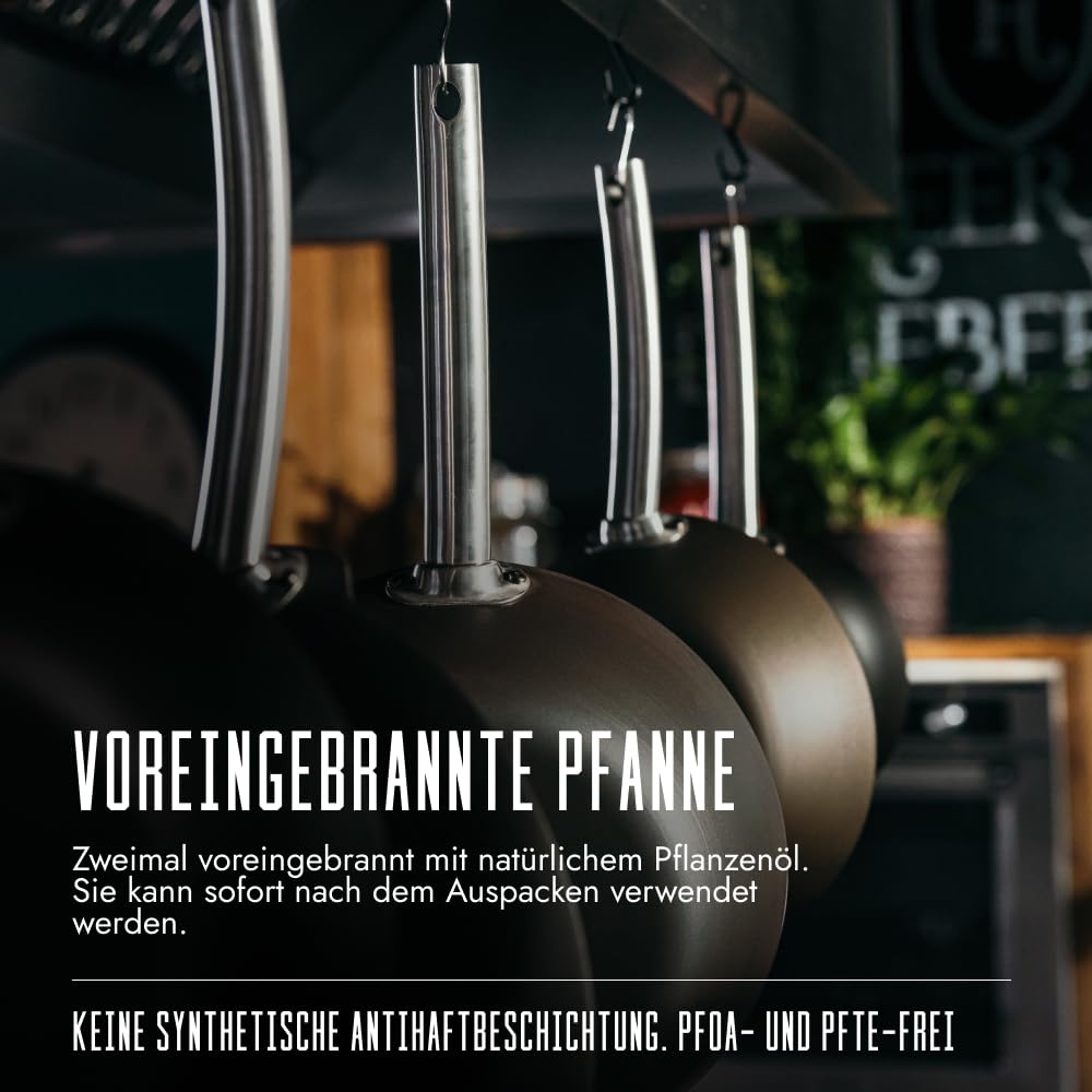 SKOTTSBERG Carbonstahl Wok - Ø 24 cm – vorgebrannt & PFAS‑frei, 2,5 mm Boden, hitze- & Kratzfest - für Induktion, Gas, Ceran, Grill & Ofen