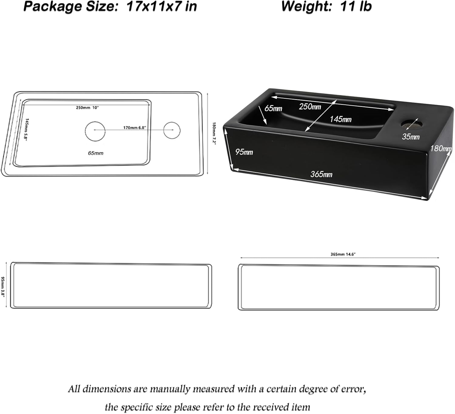 Floating Vessel Sink Wall Mount 15x7 inch Black Small Bathroom Sinks Rectangular Ceramic Basin Porcelain Bowl Sinks for Narrow Bathrooms Space Saving Design (Right Hand)