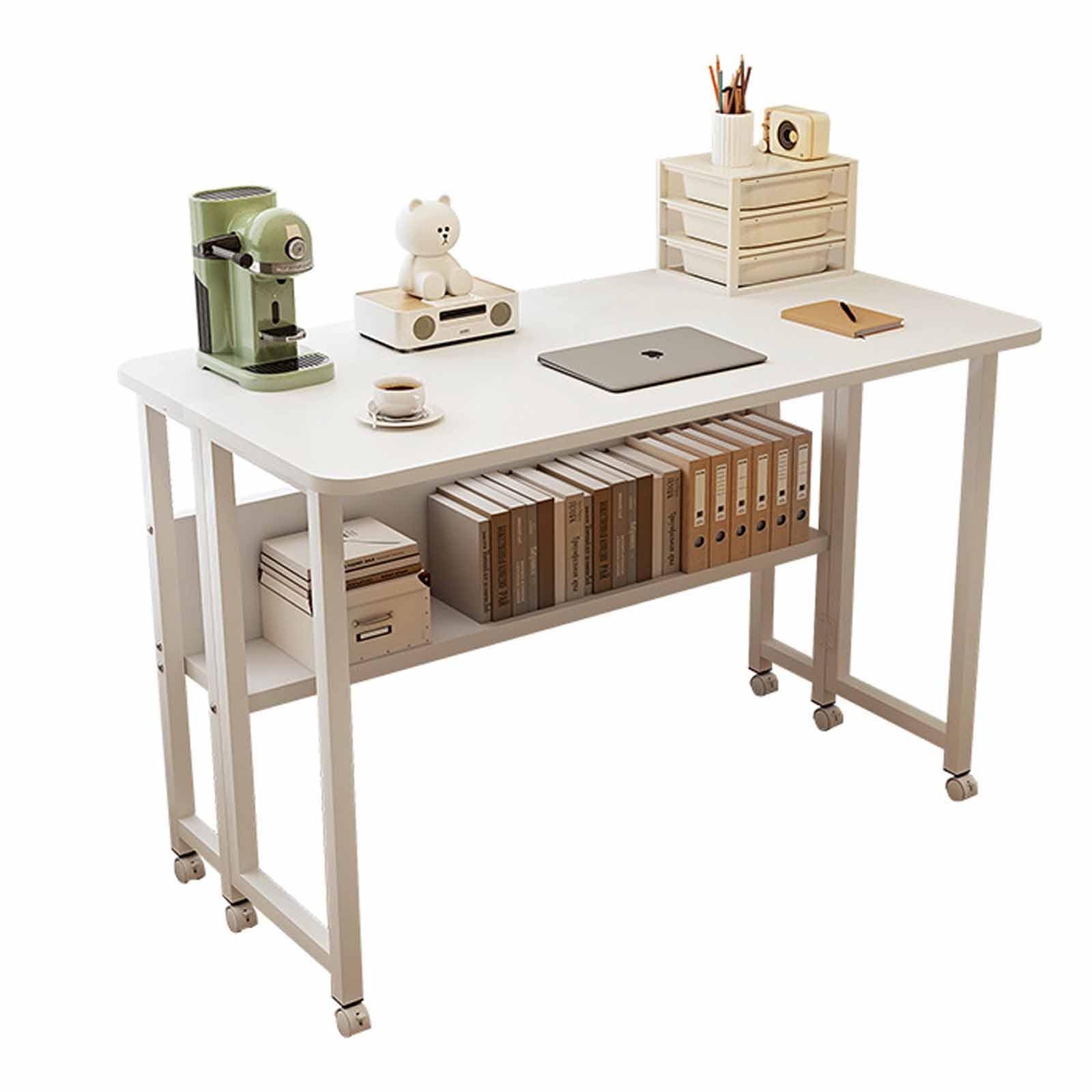 PPLDABNK Mesa De Estudio Plegable Móvil De 80 X 58 X 75 Cm, con Ruedas Bloqueables, Capacidad De Carga De 100 Kg, Estante De Almacenamiento, Ahorra Espacio Y Es Fácil De Montar (Blanca).,80 * 58