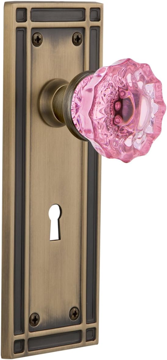Nostalgic Warehouse 722907 Mission Plate with Keyhole Single Dummy Crystal Pink Glass Door Knob in Satin Nickel