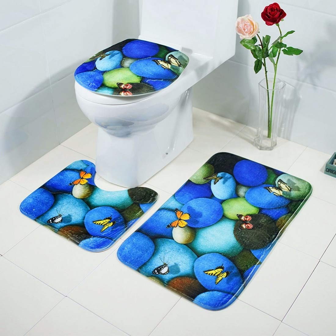 3Pcs/Set Non-Slip Bathroom Mat Flannel Anti-Slip Kitchen Bath Mat Carpet Toliet Rug Washable Rug Mats with Water Absorbent Soft Foot Beautiful Pattern, Two Flowers of Our Love (Butterfly and Stone)