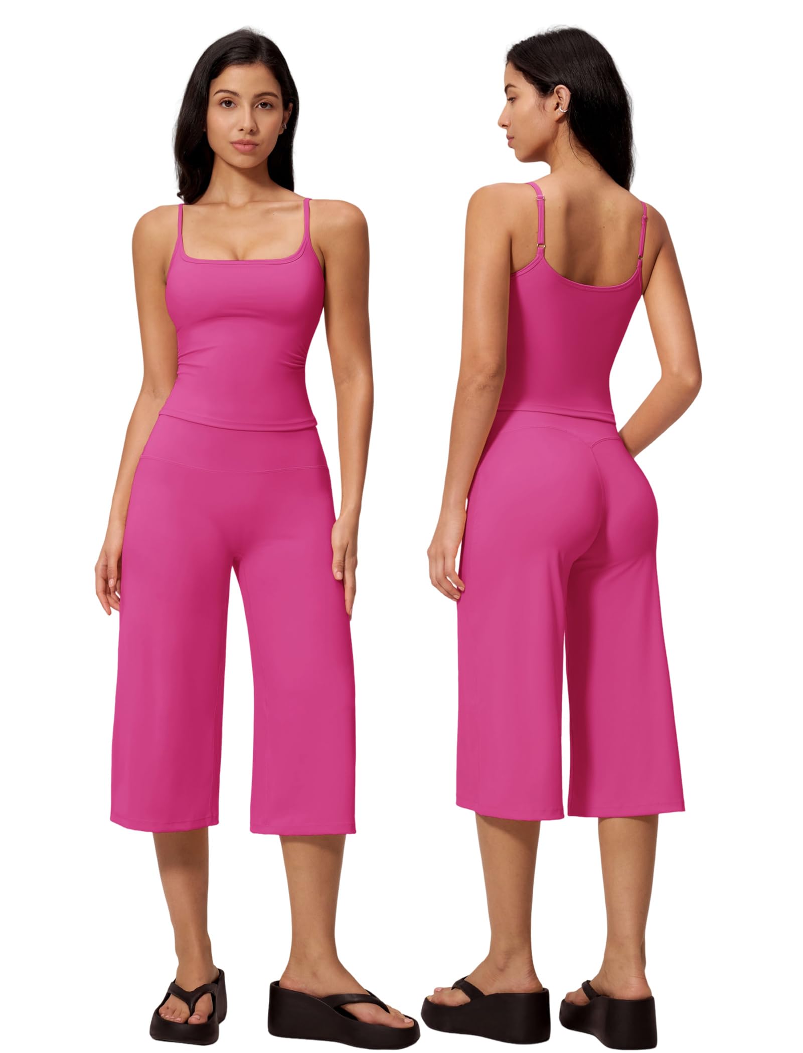 Photo 1 of 2 Piece Workout Sets for Women Spaghetti Straps U Backless Crop Tank Tops Matching Straight Wide Leg Capri Pants Womens Two Piece Athletic Set Gym Wear Active Yoga Pilates Outfits Hot Pink M