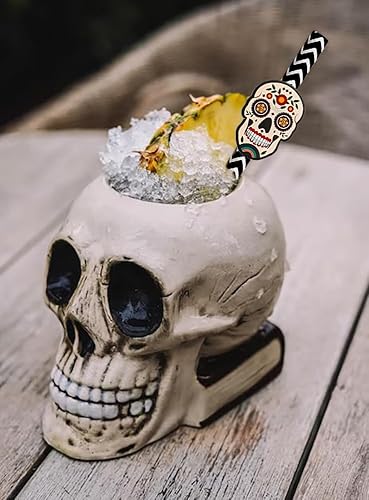 Miniatura 5 de 24 popotes de papel del Día de los Muertos para suministros de fiesta del Día de los Muertos mexicanos, pajitas con patrón de calavera de azúcar,