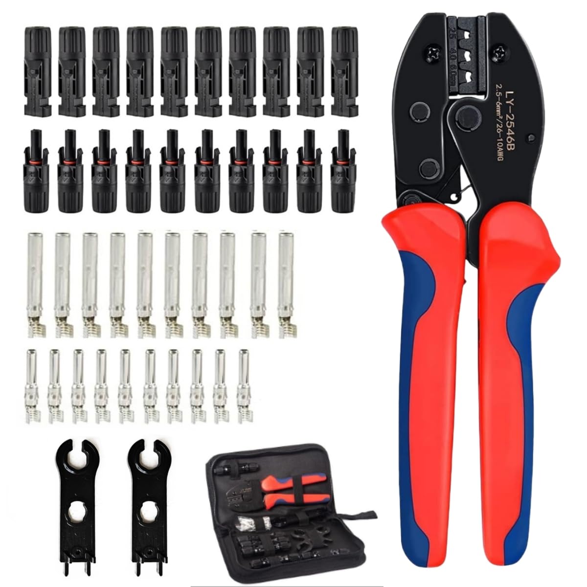 Solar Crimping Tools Set MC4 Crimping Tool Kit for 2.5/4/6mm Solar Panel PV Cable, 10 Pairs Male/Female Solar Panel Connectors,Solar Photovoltaic Crimper Plier,10 Pairs Copper Needle,2 Spanner Wrench