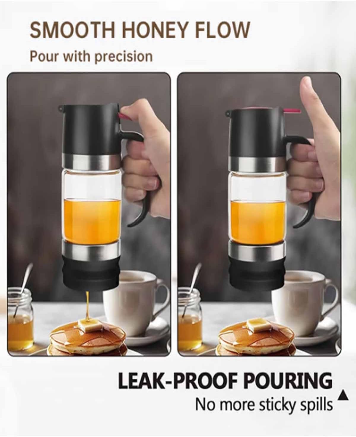 No-Drip Honey Dispenser, 2026 Boutique Kitchen Tool 12oz Glass Honey Jar Pot with Handle, Press Type Drip Maple Syrup Dispenser for Coffee or Tea, Mess Free Honeys Dispensers for Container