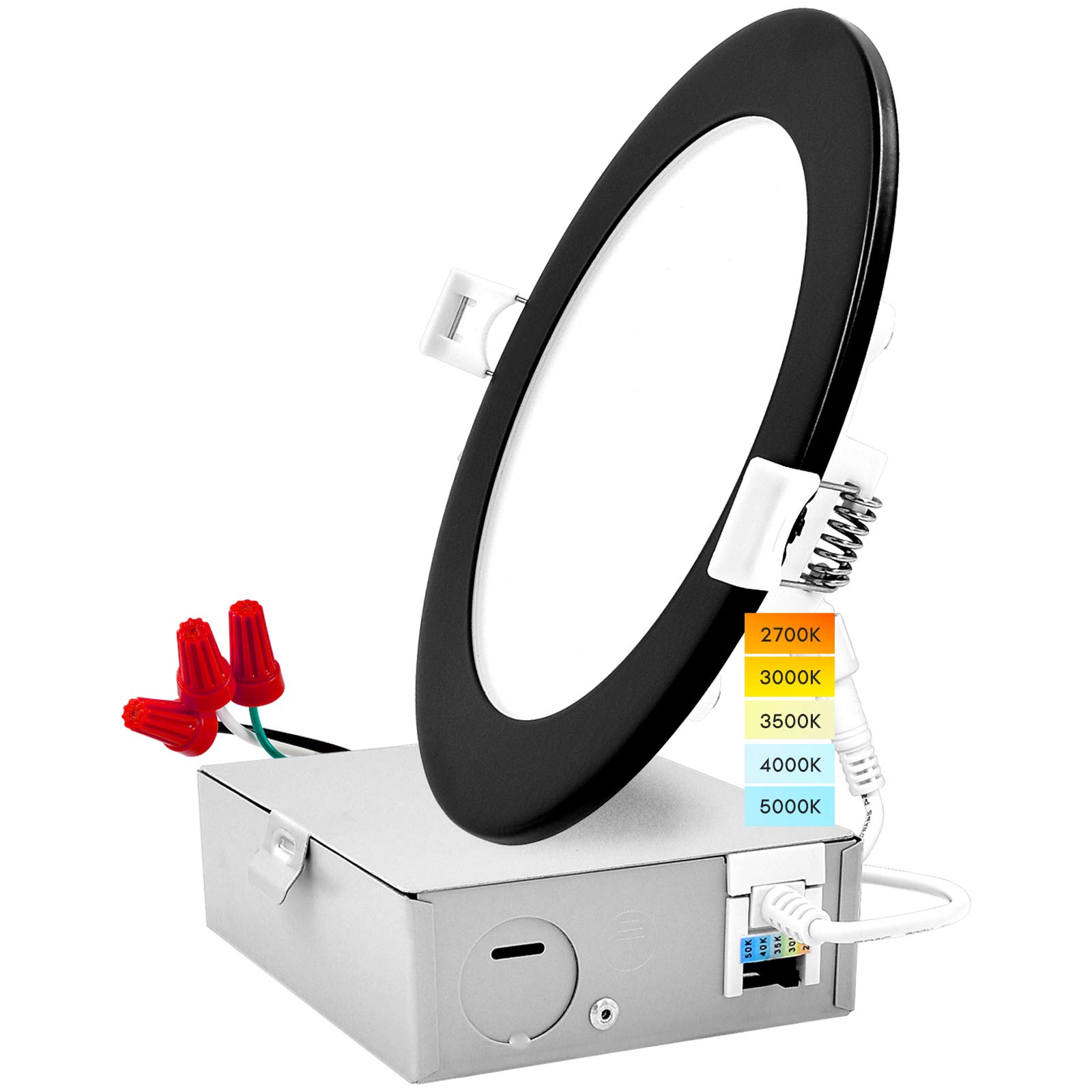 Luxrite 6 Inch Ultra Thin LED Recessed Light with J-Box, 12W, 5 Color Options 2700K | 3000K | 3500K | 4000K | 5000K, Dimmable Wafer Light, 1000 Lumens, Black Trim, Energy Star, IC Rated