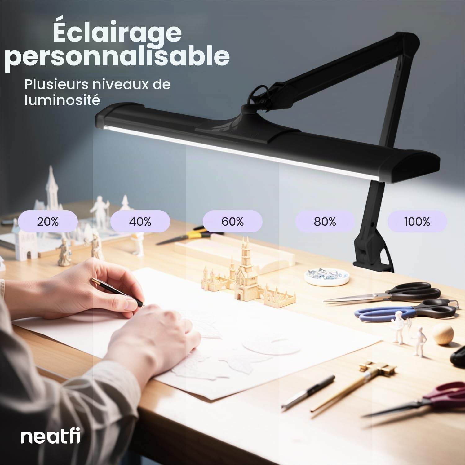 Neatfi Ultra Lampe de bureau – 3 500 lumens, LED 45 W, abat-jour large de 66 cm, 5 niveaux de luminosité, fixation par pince, lumière sans ombre ni scintillement (Noir, Non-CCT avec Pince)