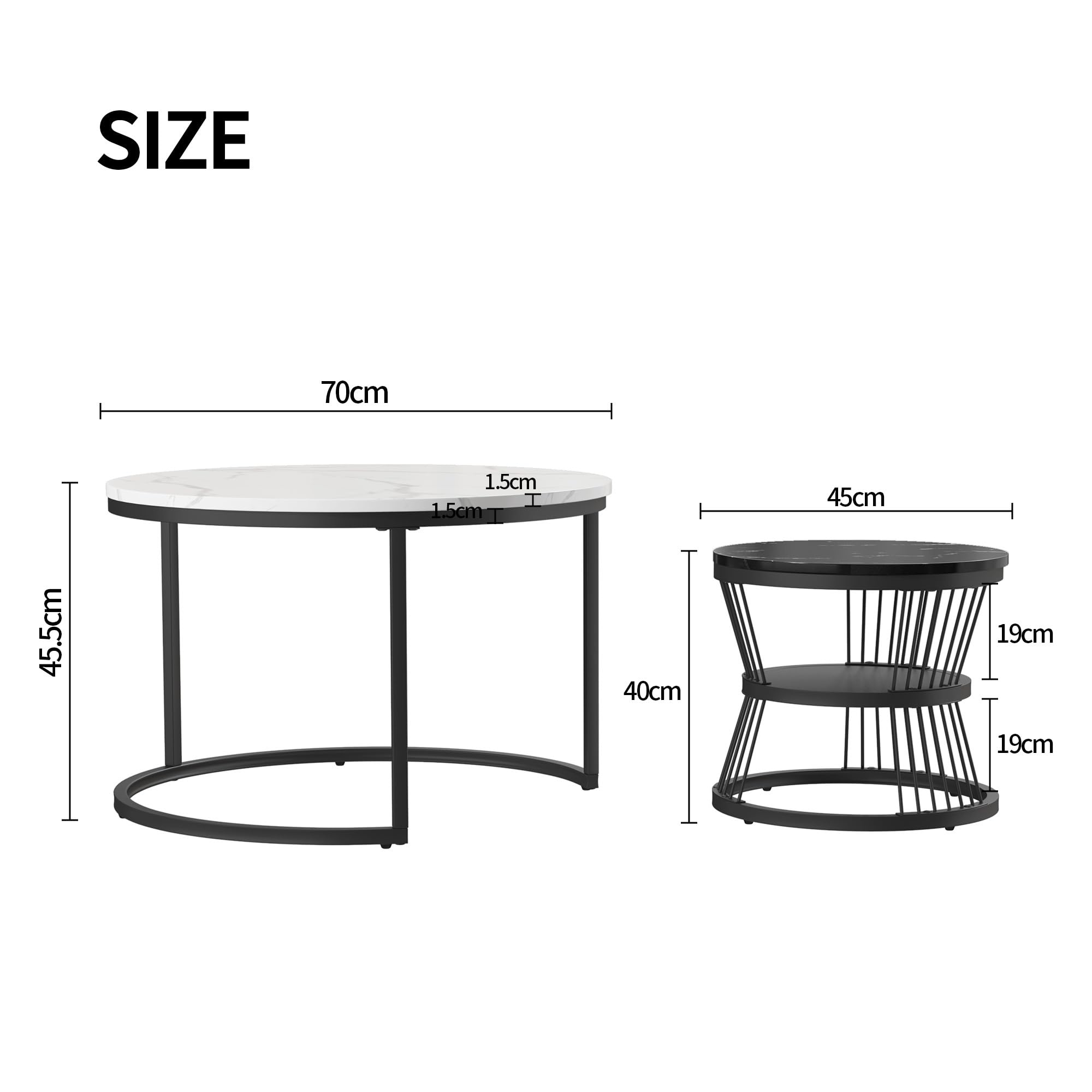 Set di 2 Tavolini da Caffè, Tavolino da Caffè in Marmo con Struttura in Metallo, Tavolino Rotondo,Tavolini Impilabili per Il Soggiorno, La Camera da Letto, Il Balcone (Bianco + nero, 70+45 cm)