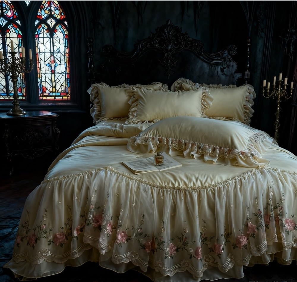 French Chic Bedding Set 4-Piece, Queen/Full Duvet Cover with Lotus Lace Trim & Bed Skirt, Washed Cotton for A Romantic Princess Style Bedroom(Green,Queen (U.S. Standard))