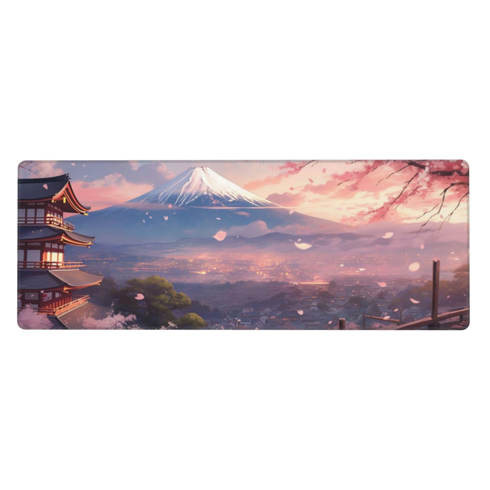 Gaming Mouse Mat XXL - Desk Mat - Mouse Mat Large - Stitched Edges - 800 x 300 mm - Non-Slip - XXL Mouse Pad - Japanese Temple Cherry Blossoms Mouse