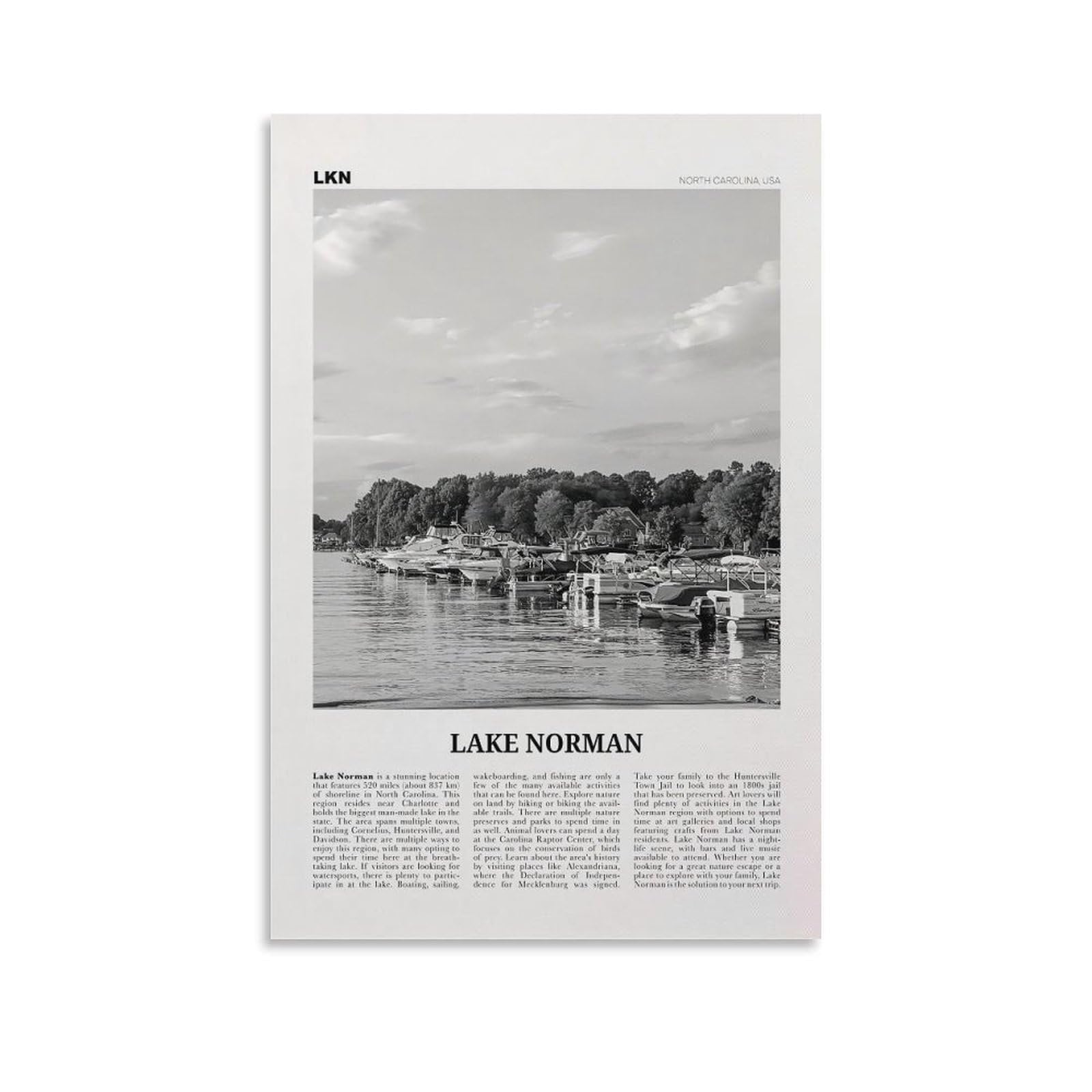 LZTEN Lake Norman Print, Black And White Wall Art, Poster, Photo, Wall Décor - North Carolina, USA Canvas Wall Art