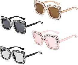 TSHAOUN Lot de 4 paires de lunettes de soleil carrées surdimensionnées avec strass - Unisexe - Monture épaisse - Accessoires vestimentaires