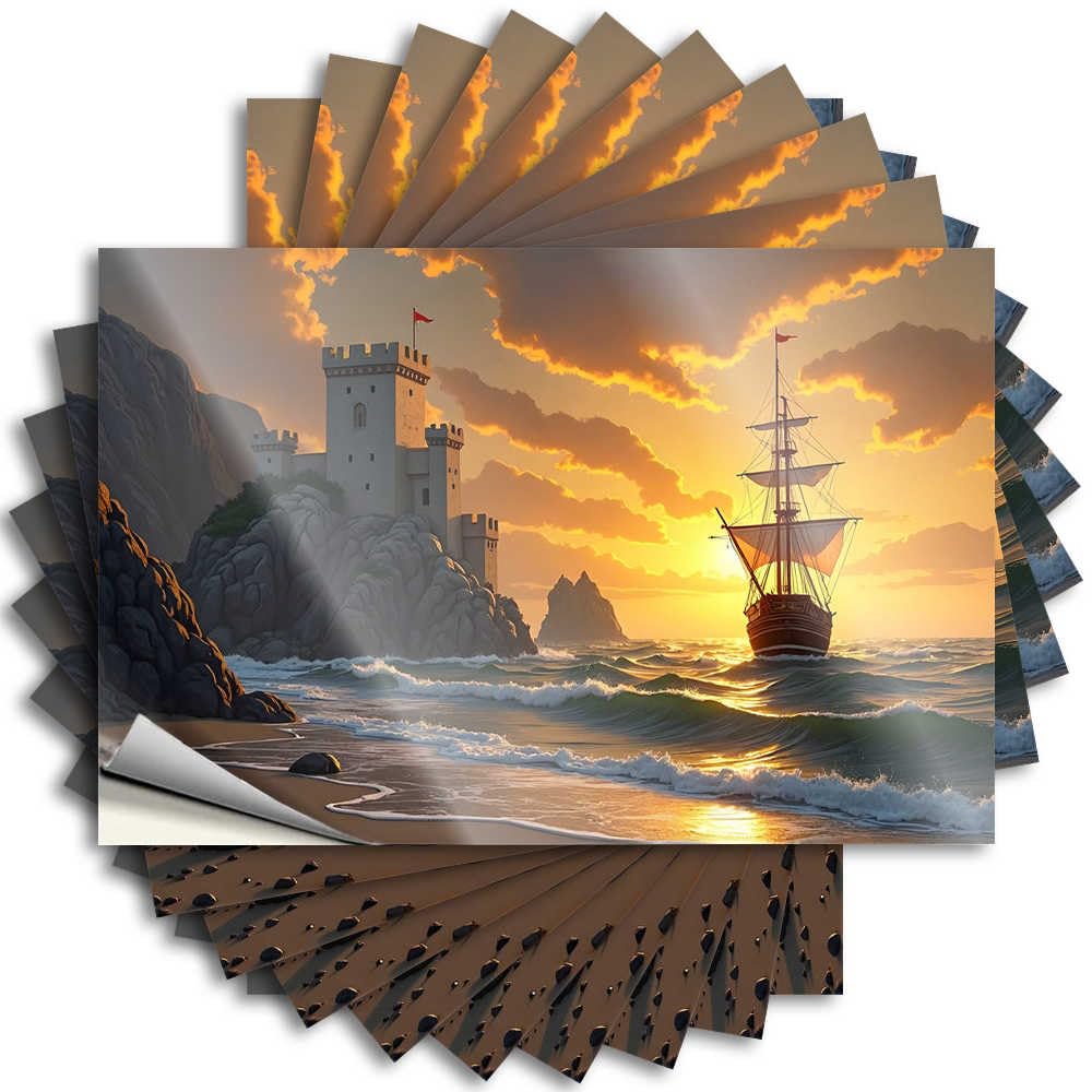 Fzfn Colour Grunge Tattoos Durable Bottle | Castle By The Sea At Sunset With Sailing Ship Personalized Self Adhesive Sticker For Comfort Diy(6X9cm)