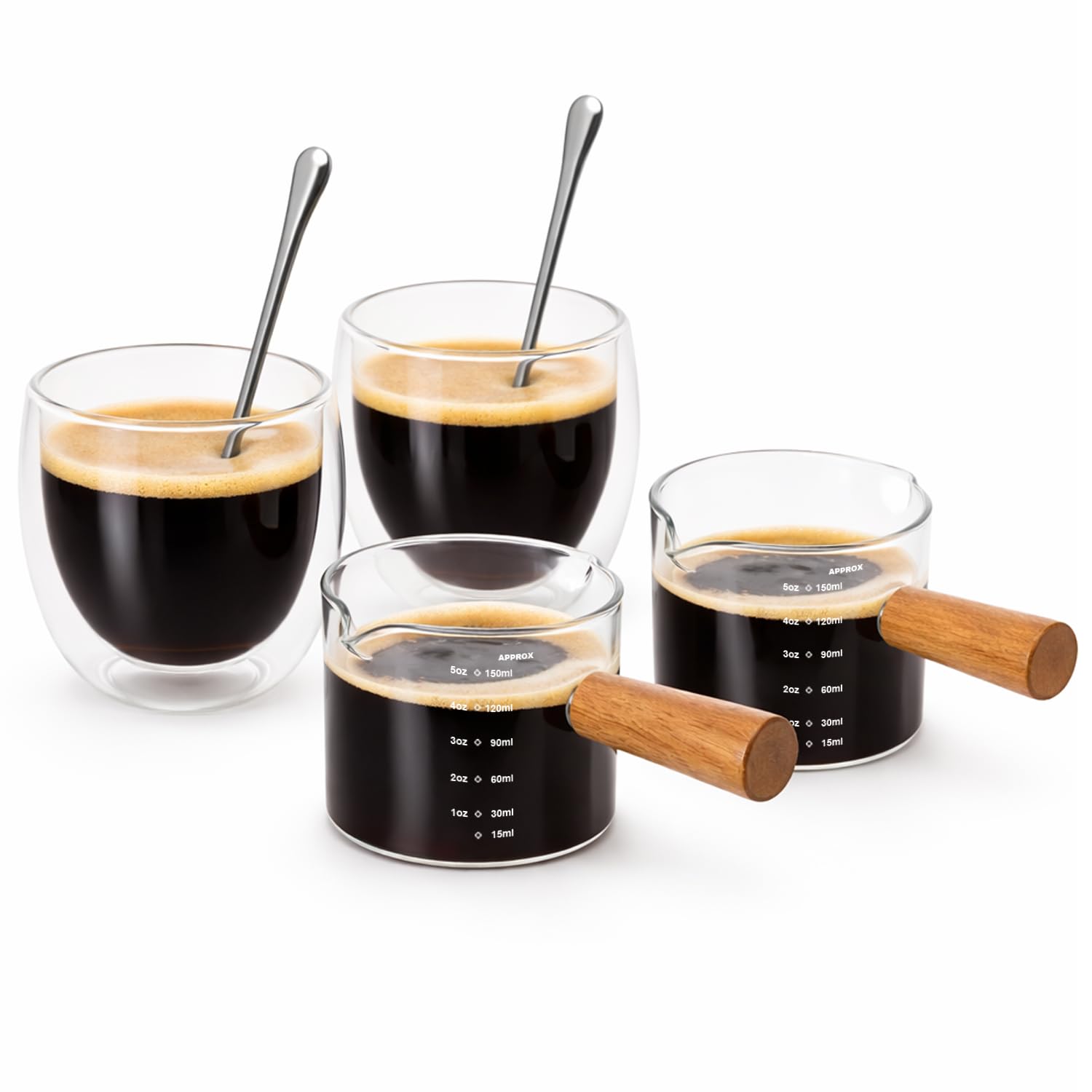 Espresso Cups Set of 4, 150ml Double Wall Glass Coffee Cups with Spoons