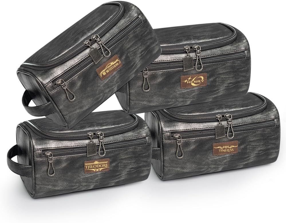 Mens Toiletry Bag 4 Pack, Bulk Personalized Wedding Gifts for Groomsmen, Custom Engraved Travel Organizer Set