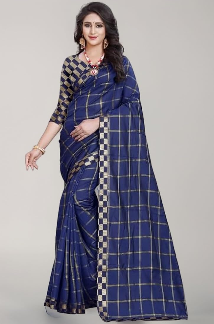 Generic Women's Cotton Silk Checkered Saree With Unstitched Blouse 5.5Mtr (Pink)