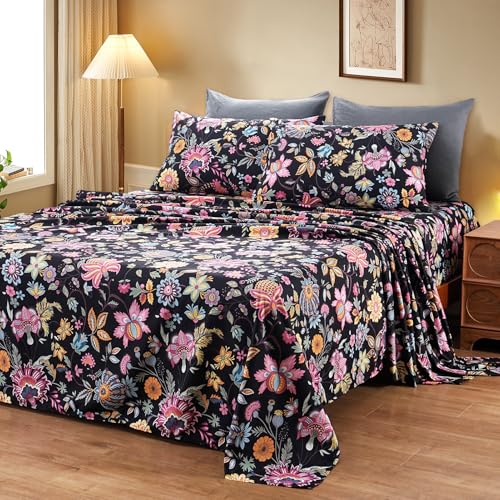 Image of Bedlifes Floral Pattern Bed Sheet Set King Size, 18-24 inch Extra Deep Pocket | Ultra Soft Microfiber, Breathable & Silky, OEKO-TEX Certified, Easy-Care Machine Washable, 4PCS, All-Season Spring Bedding