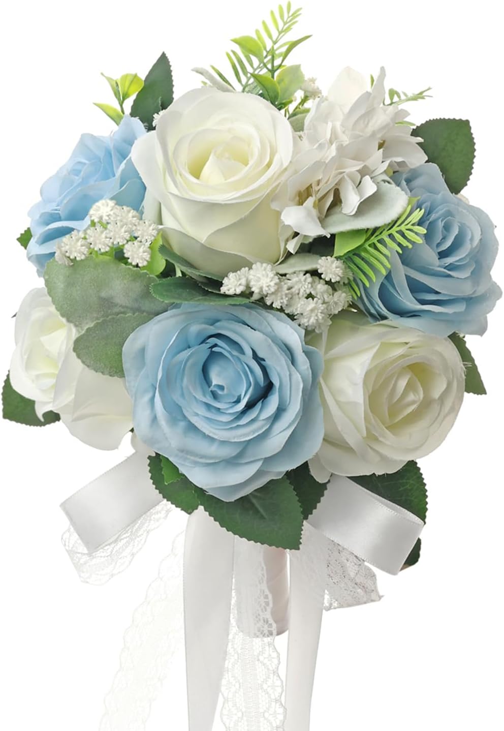 Dusty Blue White Wedding Bouquets for Bride Bridesmaid 9 Inch Ivory White Artificial Roses Flowers Bridal Bouquets for Bride Wedding Marriage Proposal Party Church Decoration