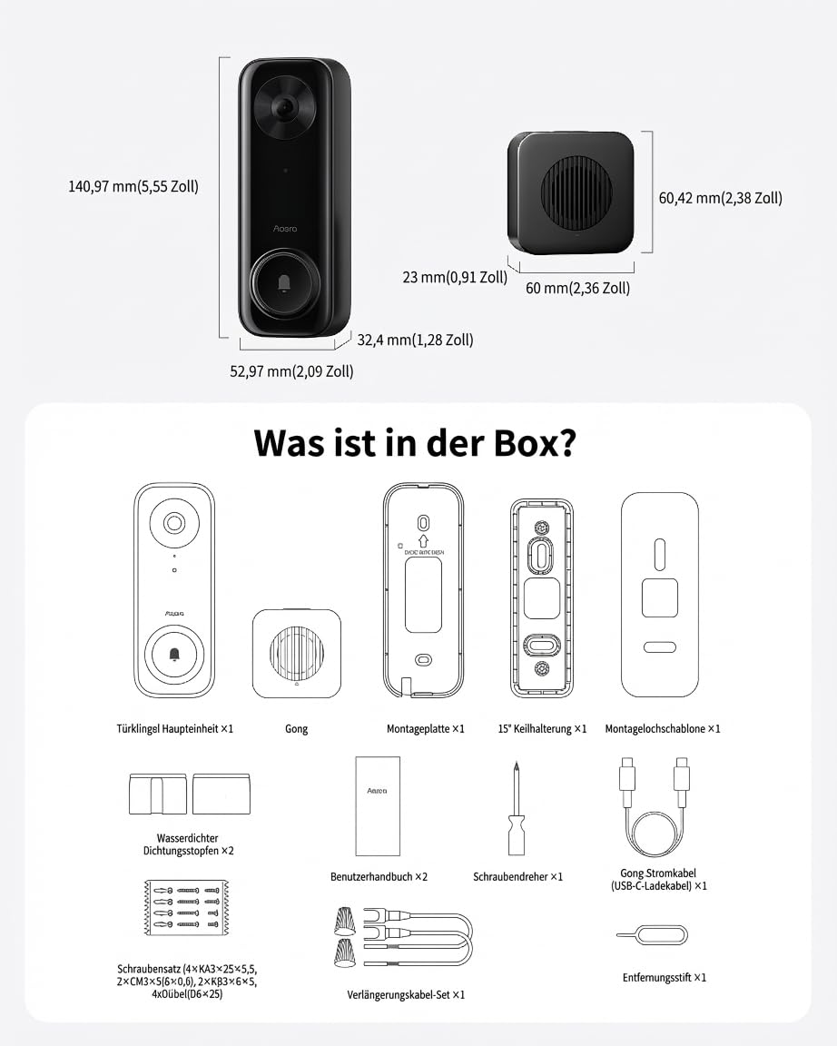 Aqara Türklingel-Kamera G400 mit Chime, Kabelgebunden/PoE, HomeKit Secure Video, 2K HD Panoramaansicht, Zwei-Wege-Audio, 2,4/5 GHz, Lokale Erkennung & 24/7-Aufzeichnung, IP65, Alexa/Google/SmartThings