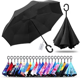 Guarda-chuva invertido dobrável de camada dupla à prova de vento, proteção contra chuva de cabeça para baixo, guarda-chuvas reversíveis para carro com alça em forma de C