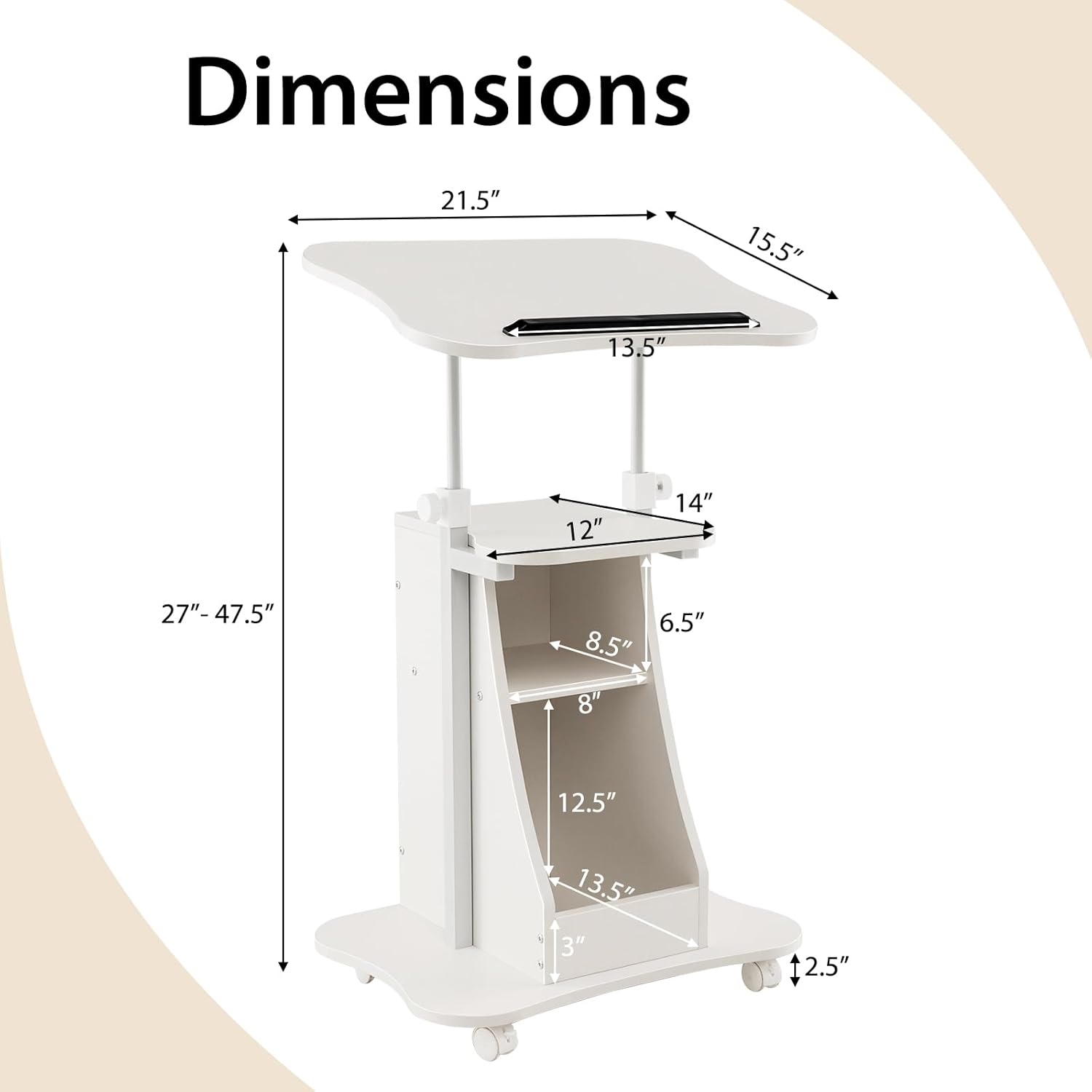 POWERSTONE Sit to Stand Mobile Lectern Teacher Podium Portable Height Adjustable Podium Stand Rolling Laptop Desk Cart with Storage Shelf Swivel Top for Classroom, Concert, Church White