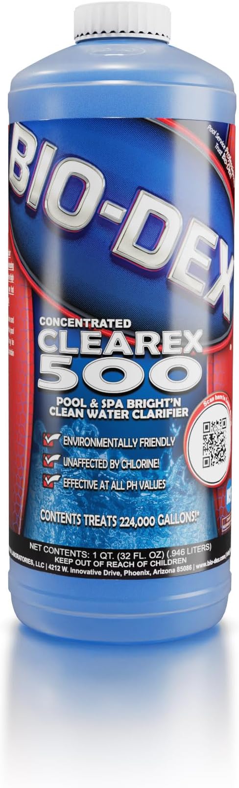 Bio-Dex Clearex 500 | 1 Quart (32 oz) bottle | Pro Strength Clarifier For Swimming Pools & Spas | Safe & Easy to Use for Homeowners DIY | 2 oz treats 14,000 gals & 32 oz bottle treats 224,000 gallons