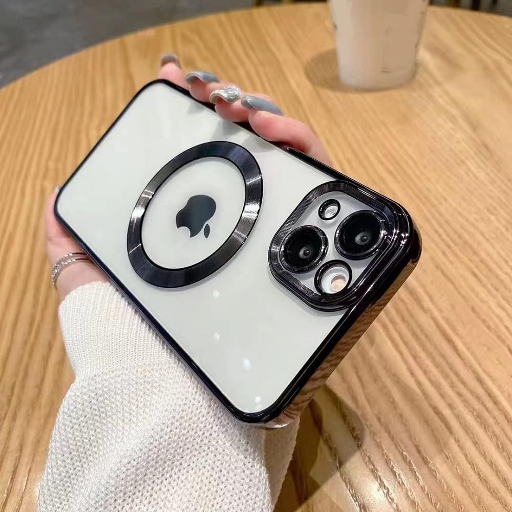 SOKAD for iPhone 13 Case [Compatible with MagSafe] Soft TPU Plating Luxury Case [Built-in Camera Lens Protector] Shockproof Anti-Scratch Slim Magnetic Cover for Women Girls Men - Black
