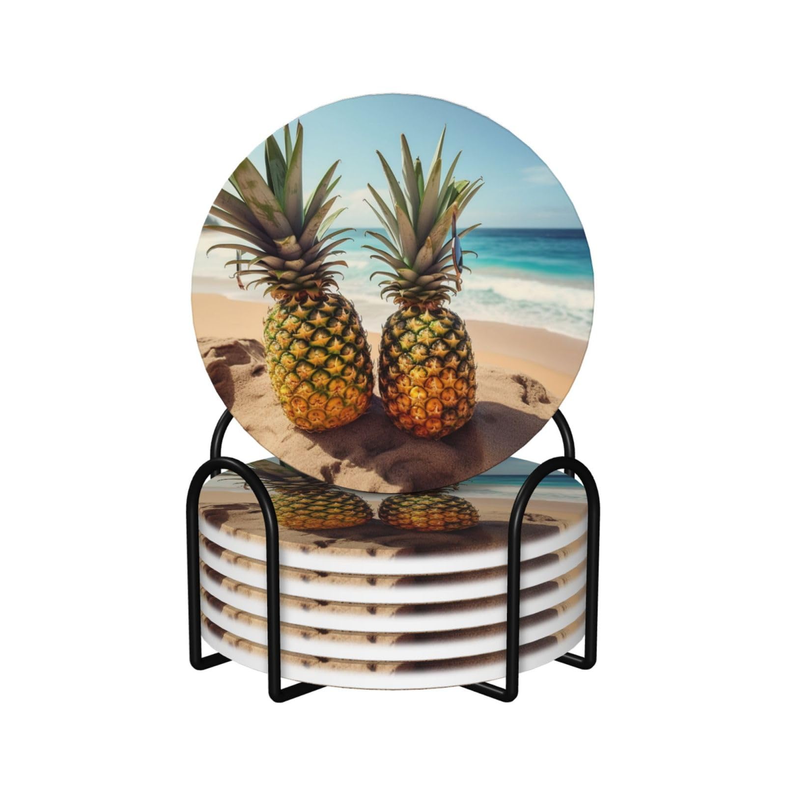 Dessous de verre plage et deux ananas en céramique pour apéritifs et décoration d'intérieur