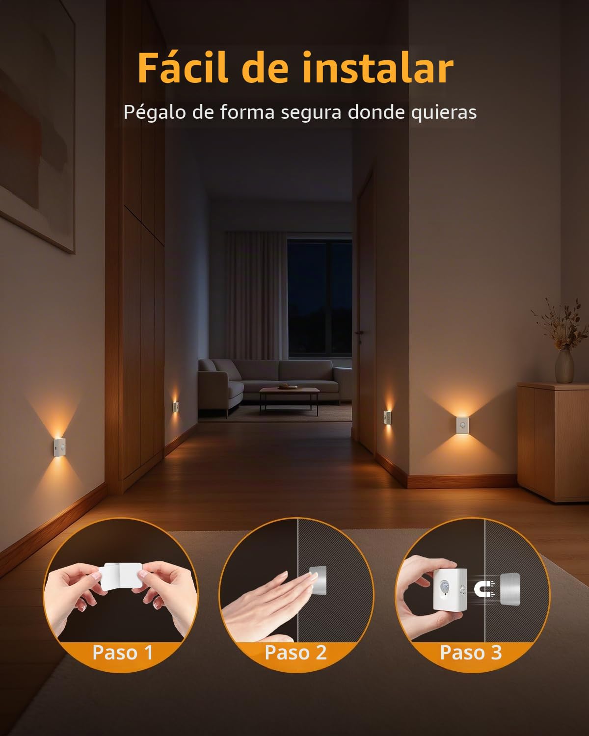 WILLED Luz Nocturna Recargable con Sensor de Movimiento, Luz LED para Escaleras, 8 Piezas, 3 Modos (Auto/Encendido/Apagado), Luz Adhesiva para Pasillos, Armarios y Cocina