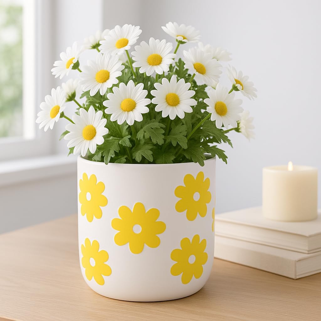 Planter and Flower Pot for Home Decor – Ideal Pots for Indoor and Outdoor Plants, Herbs, or Vines – Modern Planters with Sweet Floral Print for Living Room, Garden, or Patio Decor – 5" White & Yellow