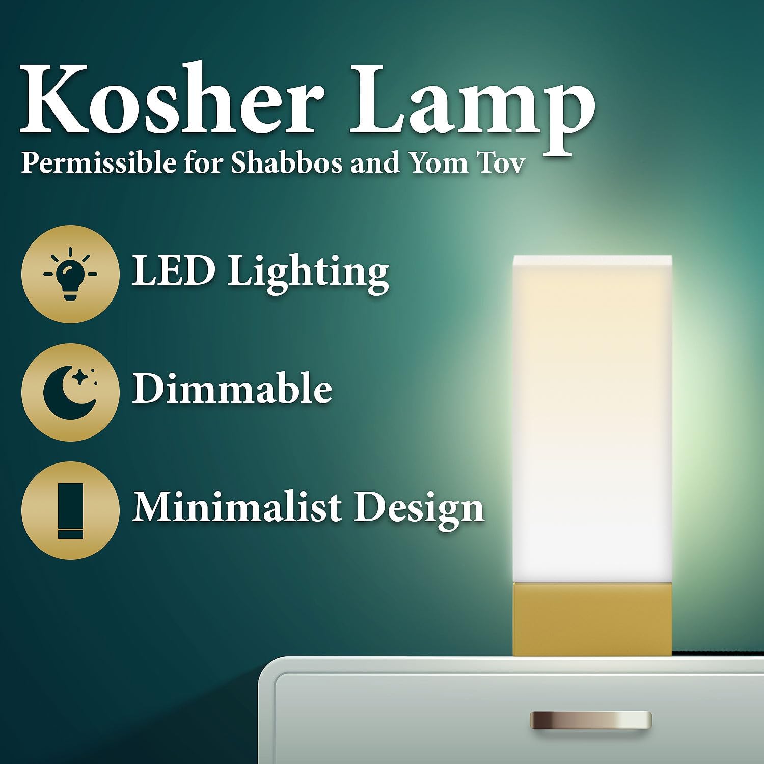 Enlighten Shabbos Lamp, Kosher lamp for Shabbat & Yom Tov, for Bedroom Living Room, LED Dimmable Square Table lamp, Gold Base Color, (10W Eqv 75W, 1100LM, 5000K,)