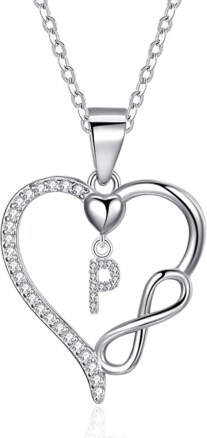 Valentines Day Gifts for Women Hers, Dainty 925 Sterling Silver Infinity Heart Initial Necklace, Letter A-Z Zircon Pendant, Jewelry Gift for Wife