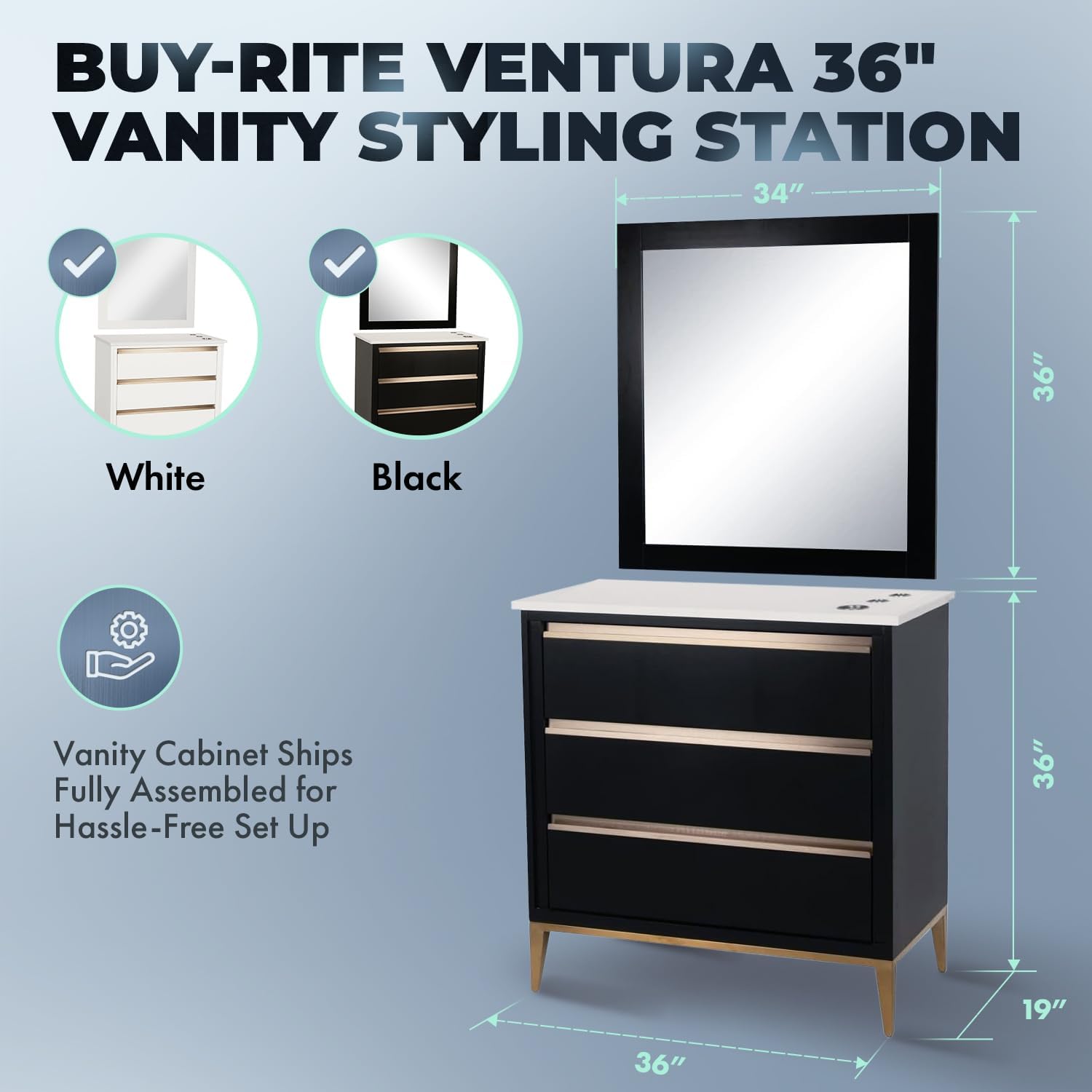 Buy-Rite Ventura 36" Vanity Styling Station & 34" x 36" Mirror – Quartz Countertop, Solid Wood Cabinet, Brushed Gold Hardware, Built-in Appliance Holders – Fully Assembled, Black – HMD-20199-36-BLK