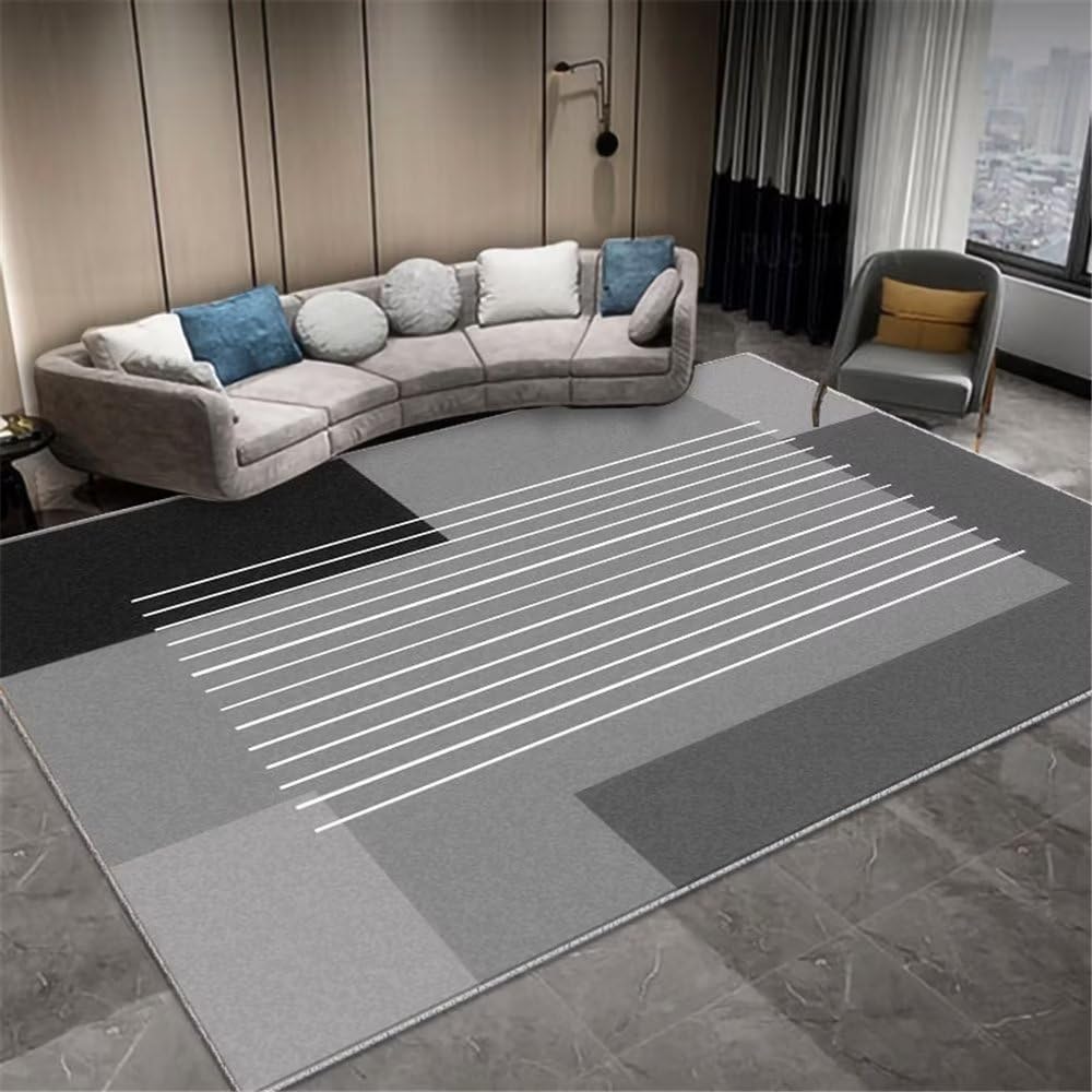 Tapis salon gris lavable en machine rectangulaire et durable pour décoration moderne