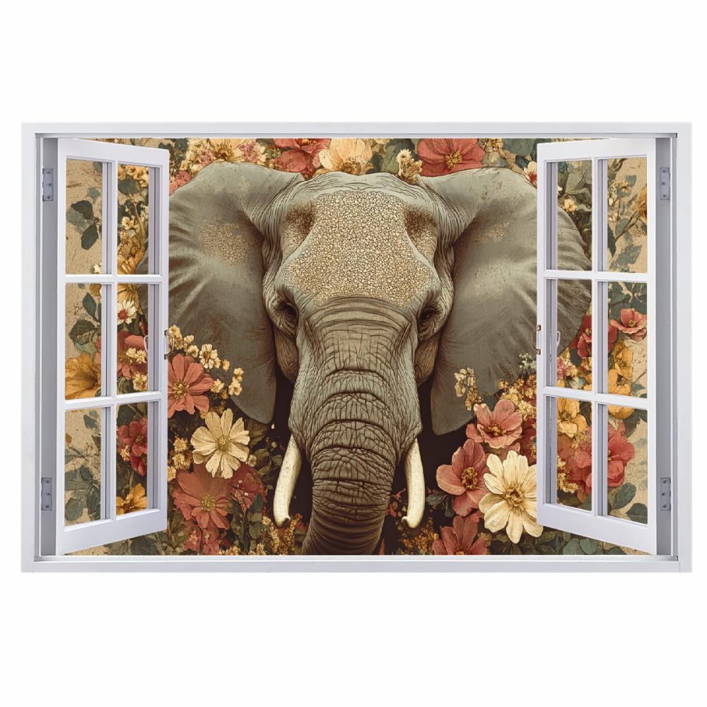 Stickers Muraux 3D Smashed Murales Fleur D'Éléphant Autocollants De Sol En Vinyle Imperméables Amovibles Art Animaux Rétro Pour Chambre Salon Bureau Pépinière Décoration Murale 112x75cm