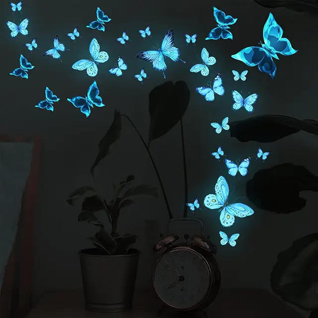 29 Pièces Stickers Muraux Papillons Lumineux Bleu pour Chambre Enfant