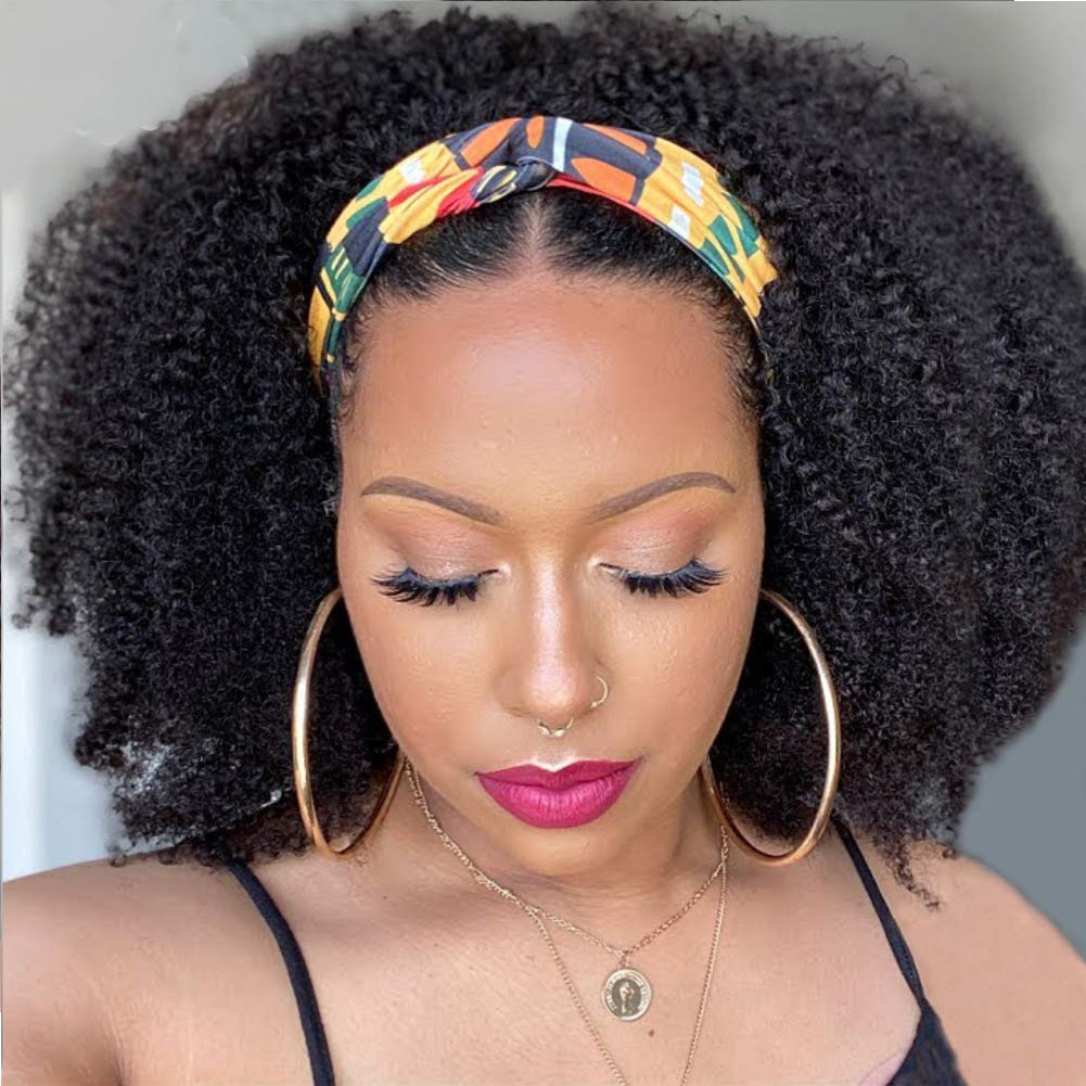 Headband Wig Human Hair Afro Kinky Curly Human Hair Wigs For Black Women Brazilian Remy Hair Short Curly Machine Made No Lce Front Wig Natural Balck 150% Density