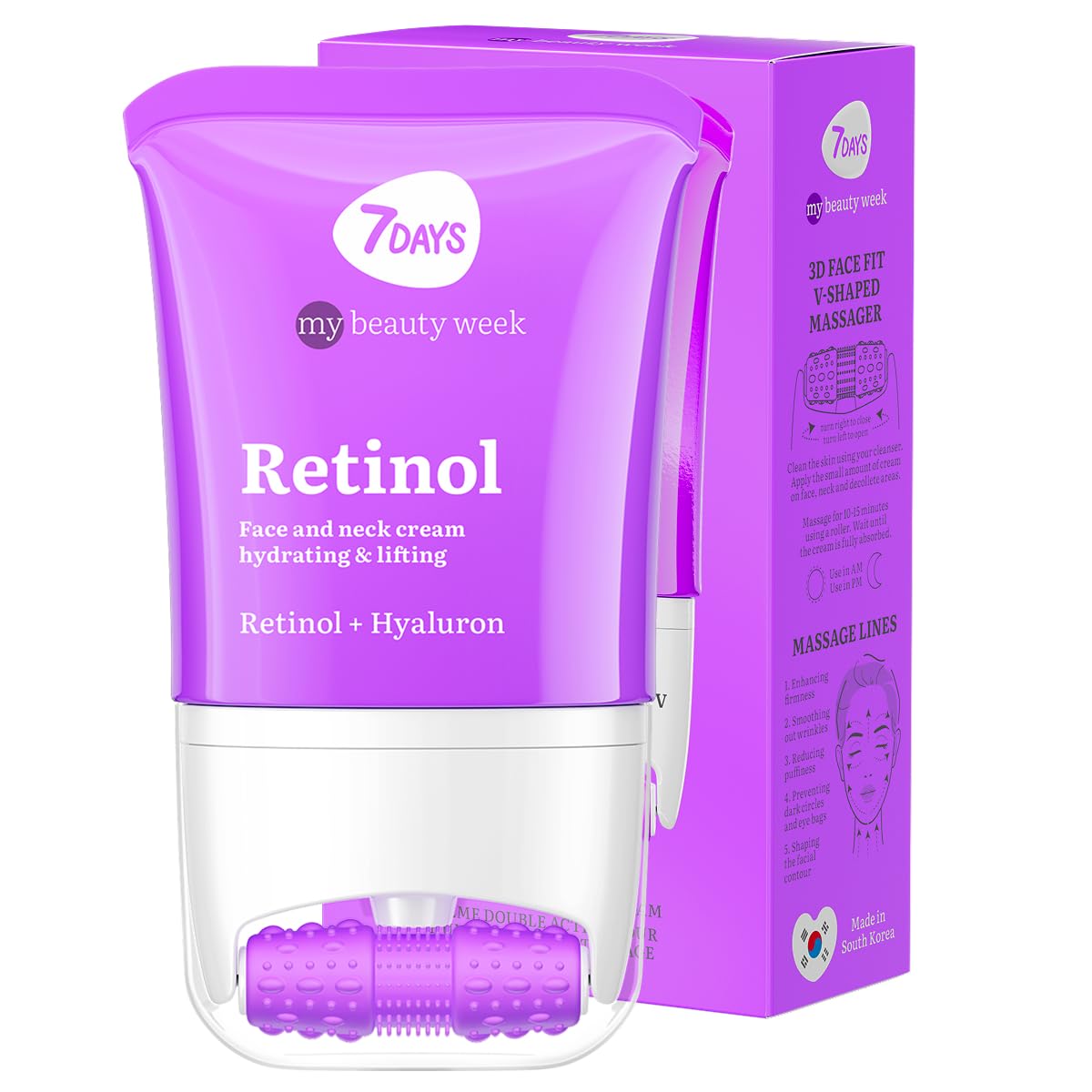 7DAYS Crema Viso e Collo Coreana Antirughe al Retinolo con Rullo Massaggiante – Effetto Lifting Rassodante e Compattezza, Azione Levigante, per Rughe e Linee Sottili, per il Doppio Mento, 80 ml
