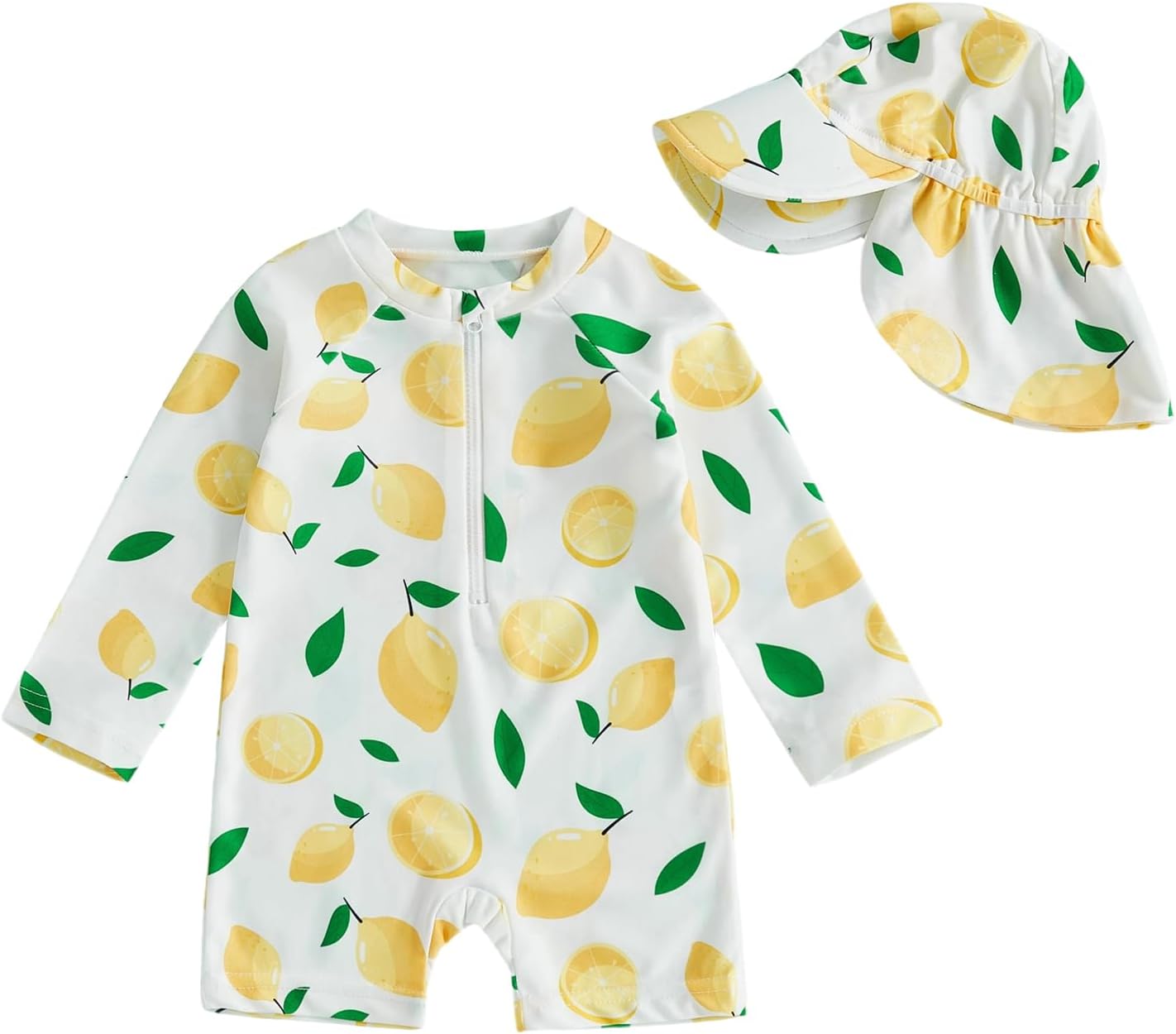 Infant Boy Girl Lemon Rash Guard Swimwear Long Sleeve 2Pcs Bathing Suit Toddler Baby One Piece Swimsuits with Sun Hat