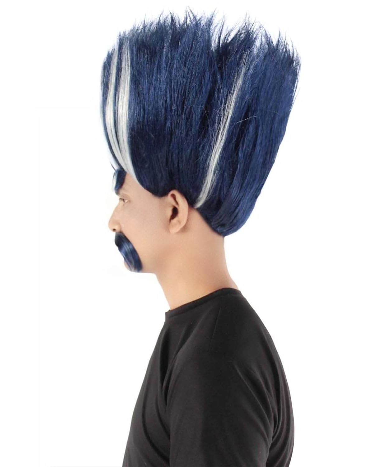 Troll King Wig with Eyebrows and Mustache, Men's Halloween Cosplay for Adults - White & Dark Blue