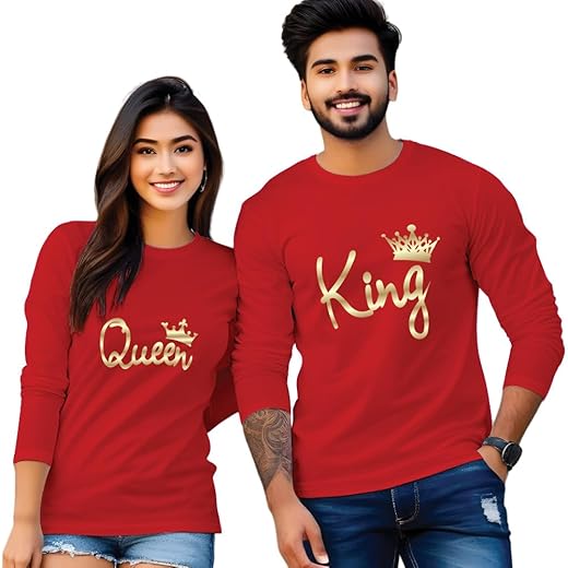 Couple T Shirts King Queen Couple Matching Dress-Couple Tshirt Combo- Regular Fit Cotton Round Neck Half Sleeve (cus-Couple-kingqueen)