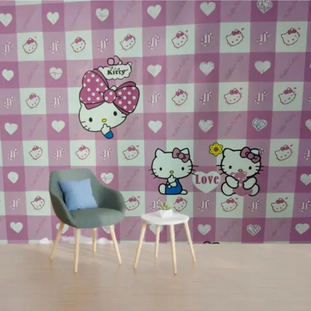 Hello Kitty Cube Kids Cartoon Animal Wallpaper - Kids Theme Vinyl Poster Wall Sticker for Nursery, Playroom, Bedroom & Living Room - Fun Themed Decor (45x500 cm)